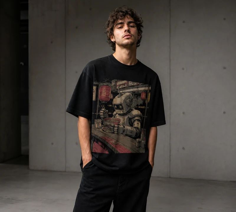 Young adult wearing an oversized original collage graphic T-shirt