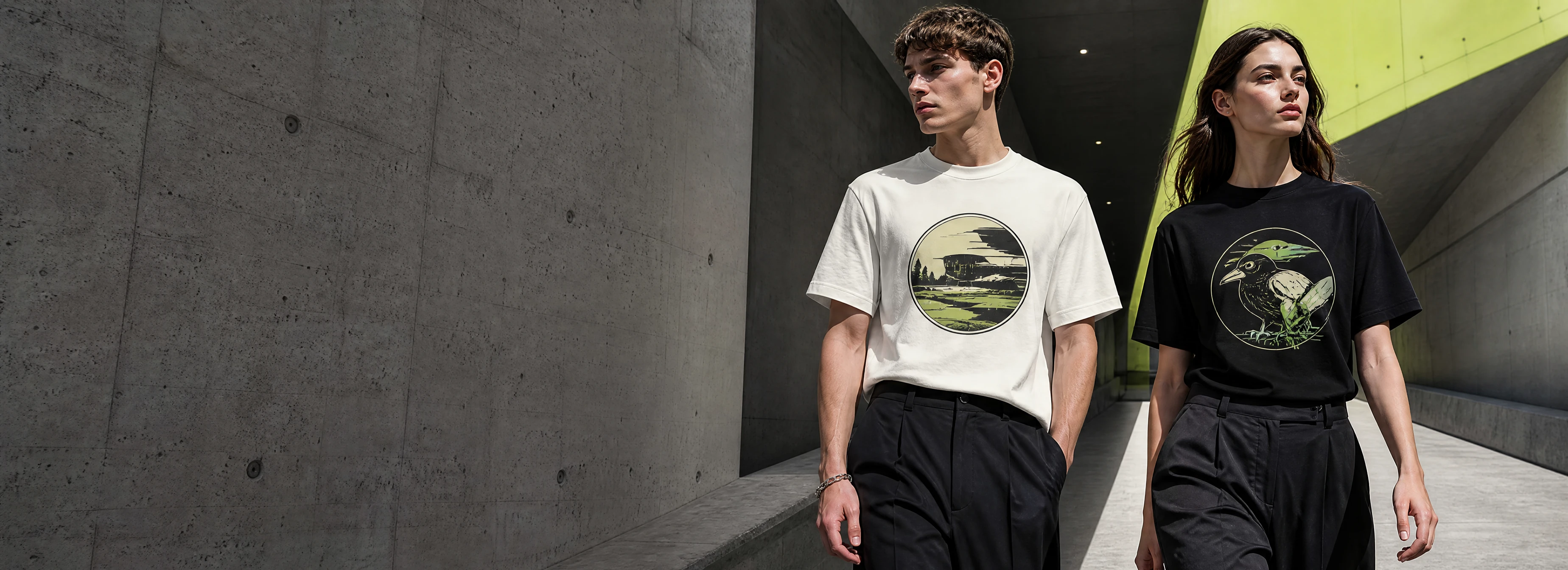 Two young adults wearing original graphic T-shirts in architectural light