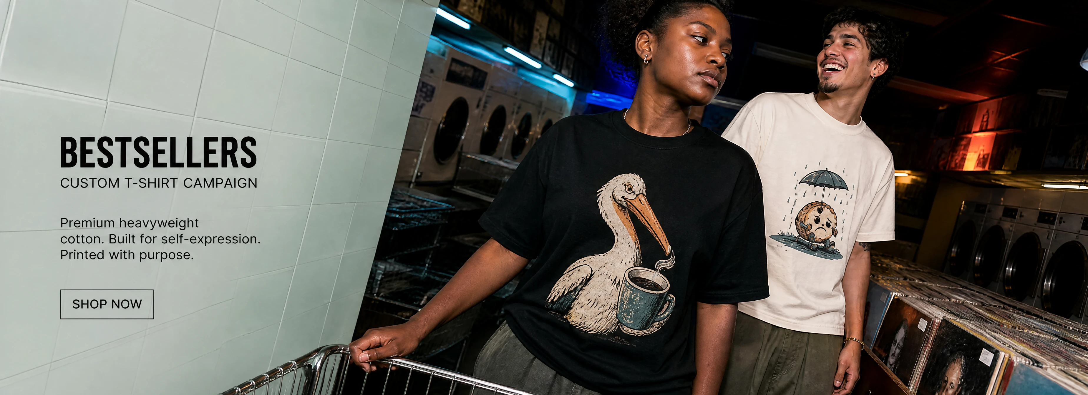 Two young adults wearing playful graphic T-shirts
